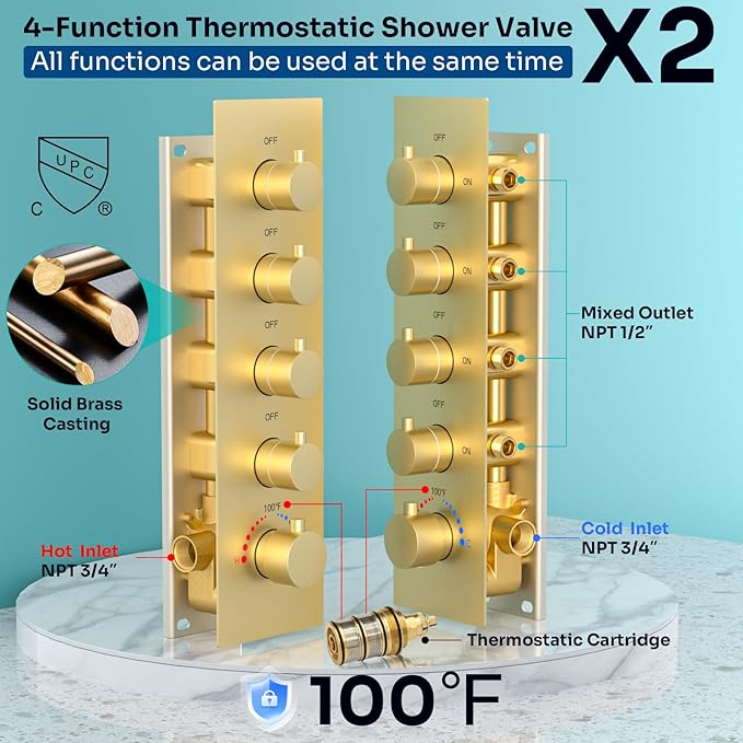 HOMEDEC Dual Shower System for Two, 16x32" Rain & 6" Shower Heads, 4-Way Diverter Valves, Shower Faucet Set with Body Jets & Handheld, Brushed Gold