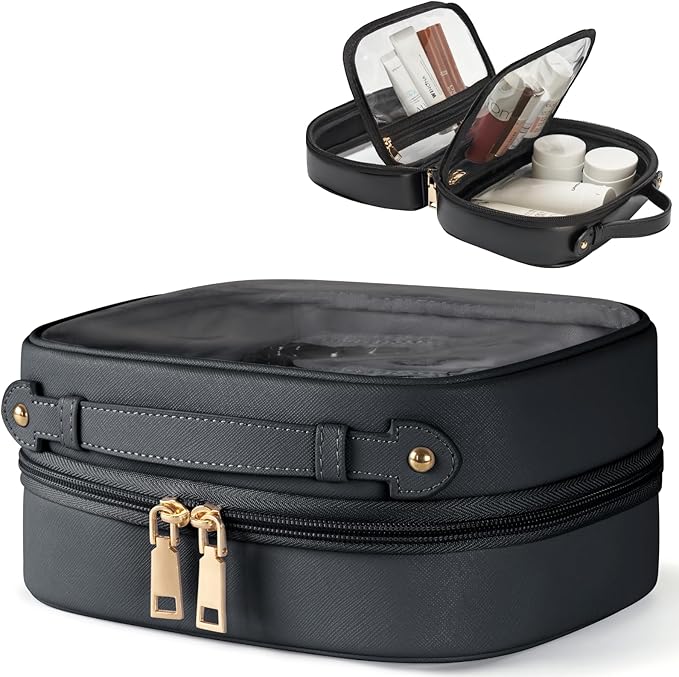 Oaque Clear Cosmetic Bag Double Layer Travel Toiletry Bag Clear Makeup Bag Case with 4 Compartments, Transparent Travel Bag for Toiletries, Large Toiletry Bag for Women Cosmetic Case (Black, Small)