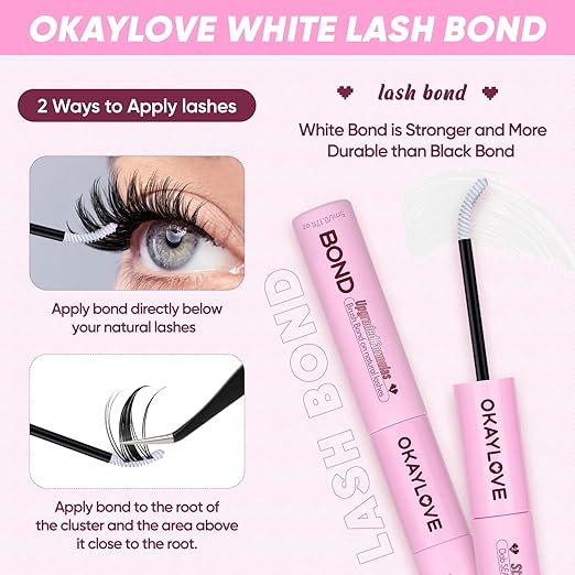 OKAYLOVE Lash Cluster Glue, Waterproof Lash Bond and Seal Lash Glue for Eyelash Clusters, 150H+ Strong Hold 2-in-1 White Eyelash Extension Glue, Quick-Drying, Non-Irritating