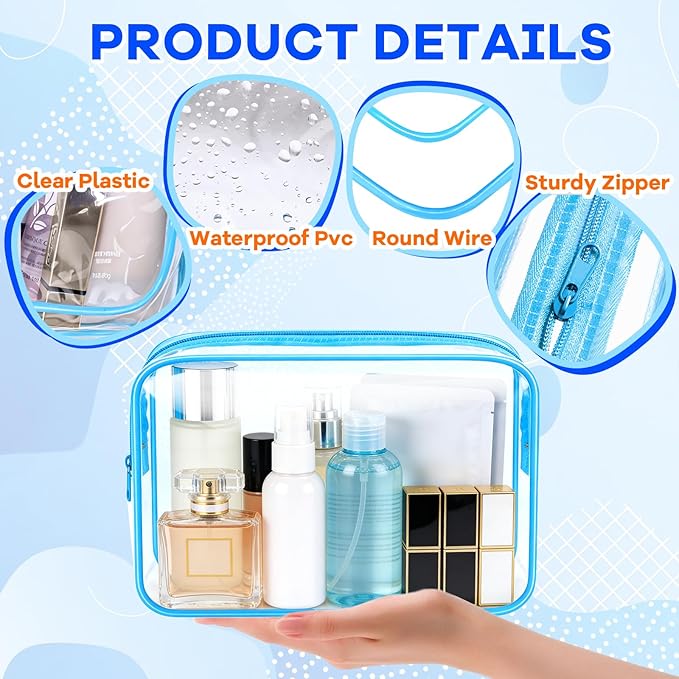 Eilyliafe Clear Cosmetic Bag Transparent Makeup Bag for Women Men Waterproof Travel Makeup Clear Toiletry Organizer Cosmetic Storage Pouch Case with Zipper (12, Blue, Medium)