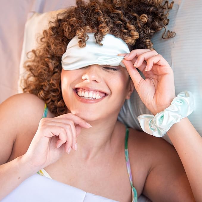 KISMETICS - Vegan Silk Sleep Set, Silky Pillowcase with Large Scrunchie and Eye Mask for Hair and Skin, Self Care Essential Satin Night Routine Kit (Mint Blue Color)