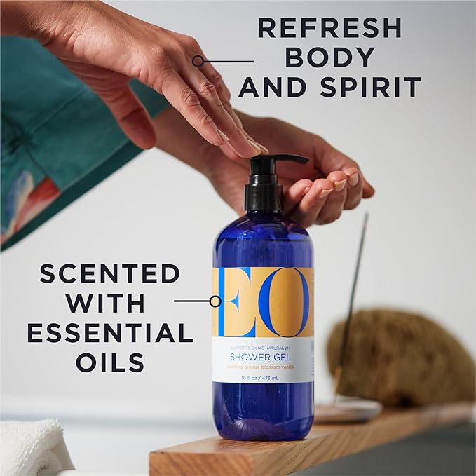 EO Shower Gel Body Wash, 16 Ounce (Pack of 2), Orange Blossom and Vanilla, Organic Plant-Based Skin Conditioning Cleanser with Pure Essentials Oils
