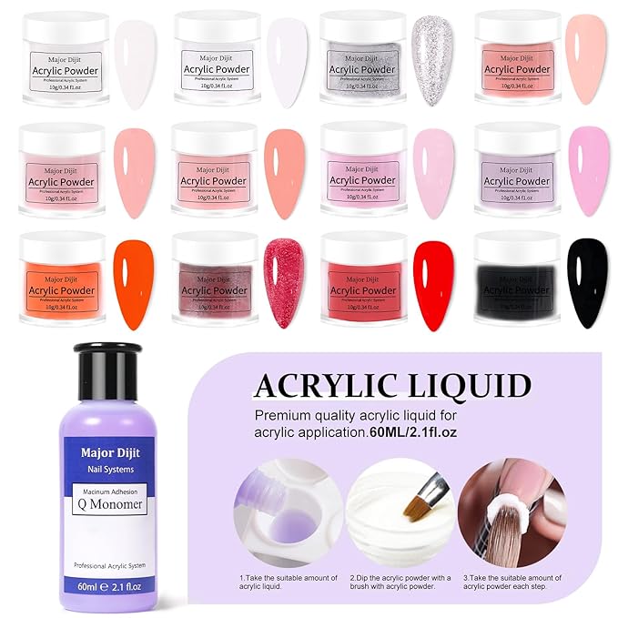 Major Dijit Complete Acrylic Nail Starter Kit with LED Lamp, 12 Colors Powder Acrylic Liquid Base/Top Coat Primer Electric Drill – DIY Nail Art Tools for Home & Salon