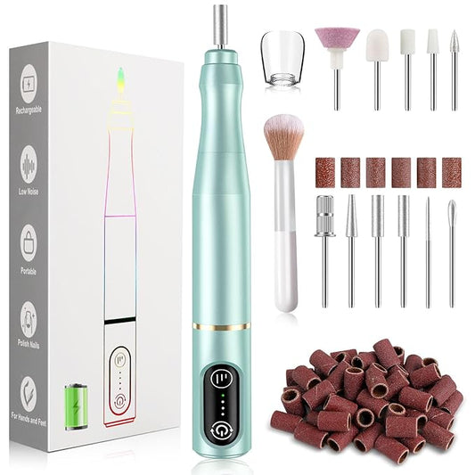 Cordless Nail Drill Electric Rechargeable File Kit, Professional Efile Acrylic Gel Nail Polish Remover Pedicure Manicure Machine Portable Set with 11 Bits 56 Sanding Bands (Mint Green)