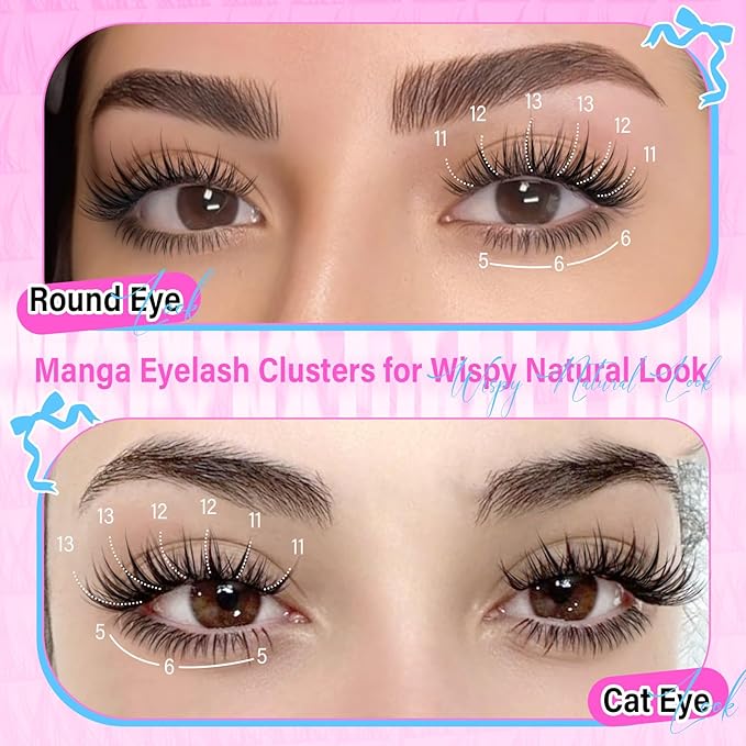 calphdair Natural Lash Clusters with Bottom Lashes DIY Wispy Cluster Eyelash Extensions C-curly Individual Lashes 11-13mm Short Eyelash Clusters Manga Cluster Lashes with Bottom Lash Extension 164pcs