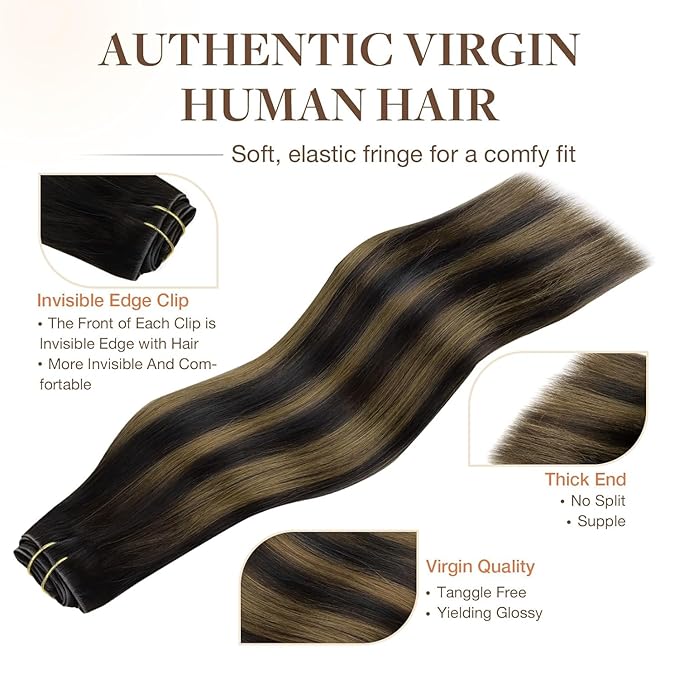 GOO GOO Invisi Edge Clip in Hair Extensions 16inch 120g 7Pcs Injected Seamless PU Clip in Hair Extensions, Virgin Real Human Hair, 1B/6/1B Balayage Natural Black to Chestnut Brown