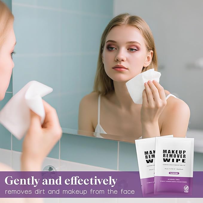 Pack of 50 Makeup Remover Wipes Individually Wrapped,Lavender Scent,Face Cleansing Wipes Bulk, Travel Towelette Makeup Remover Cloth for Face Cleansing Skin Care Remove Makeup