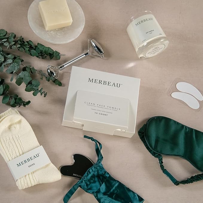 Merbeau Luxury Self Care 13 Piece Gift Set – Non-Toxic, Clean Ingredients, Naturally-Scented Essential Oils, Candle, Socks, Bar Soap, Bath Bomb, Clean Towels, Hair Clip, Tumbler & More – Spa Kit, NEW