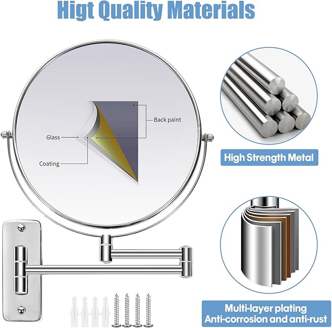 Large Size 9-in Wall Mounted Magnifying Makeup Mirror 1X/10X Magnification,Extendable Bathroom Mirrors Wall Mount Vanity Mirror for Shaving,12-in Folding Arm,Flexible Adjustable,Space-Saving,No Light
