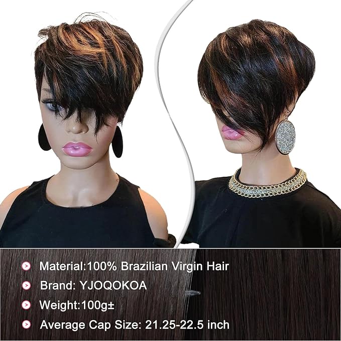 Short Pixie Cut Wig for Black Women Human Hair Nature looking Black Mixed Blonde Highlights Short Layered Side Part none lace front glueless Bob Cut Wig Brazilian Virgin Hair