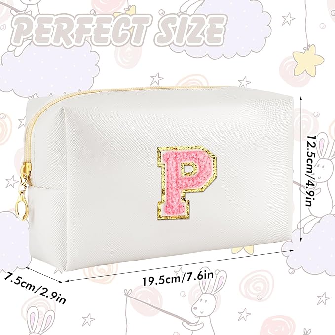 URSKYTOUS Initial Makeup Bag Personalized Preppy Travel Small Cosmetic Bag Cute PU White Chenille Letter Makeup Pouch for Purse Waterproof Zippered Toiletry Organizer for Women Girl Kid Friends (P)