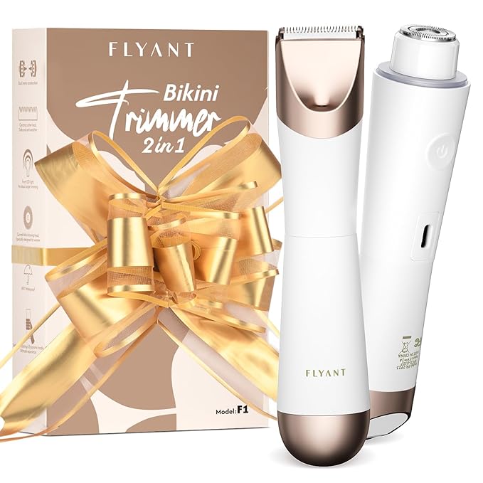 Bikini Trimmer for Women, 2 in 1 Electric Shaver for Women, Pubic Hair Trimmer Waterproof IPX7 with LED, Bikini Razor for Leg Arm Underarm Bikini Area, Pull Bows Gift Box for Friends - Shell White