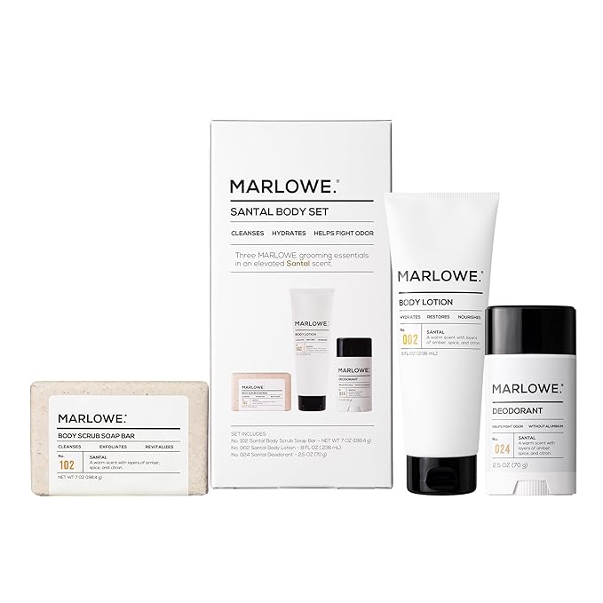 MARLOWE. Men's Grooming Santal Body Set, Features No. 102 Scrub Soap Bar, No. 024 Deodorant & No. 002 Body Lotion, Warm Amber, Sandalwood & Citron Scent