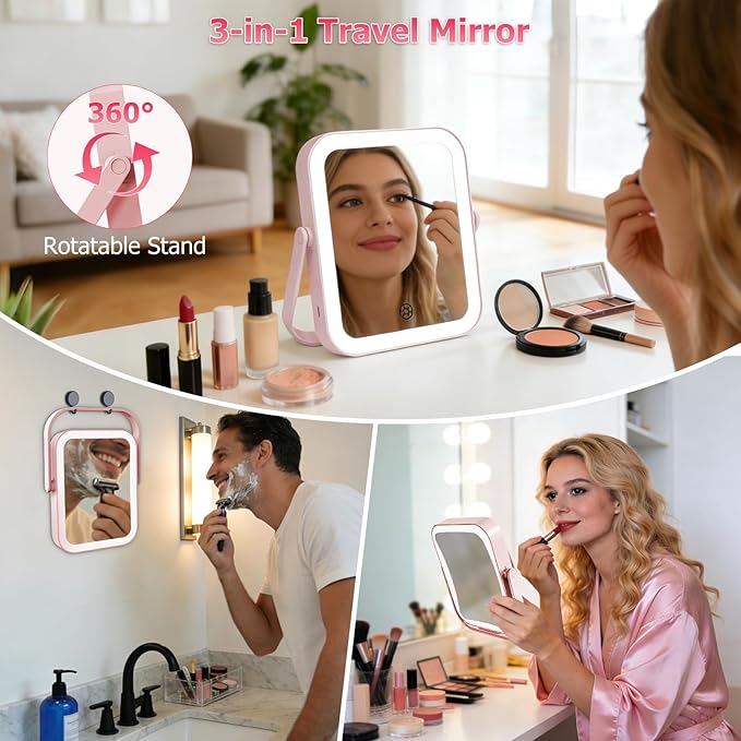 FUNTOUCH 30X/1X Travel Makeup Mirror with Lights, 3000mAh Rechargeable 2-Sided Magnifying Mirror, Portable Vanity Mirror, 3-Color Lighting Dimmable Touch Screen, for Women Gift, Pink