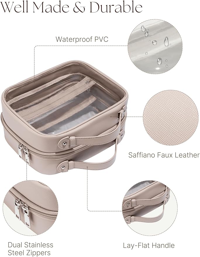 Oaque Clear Cosmetic Bag Double Layer Travel Toiletry Bag Clear Makeup Bag Case with 4 Compartments, Transparent Travel Bag for Toiletries, Large Toiletry Bag for Women Cosmetic Case (Taupe, Large)