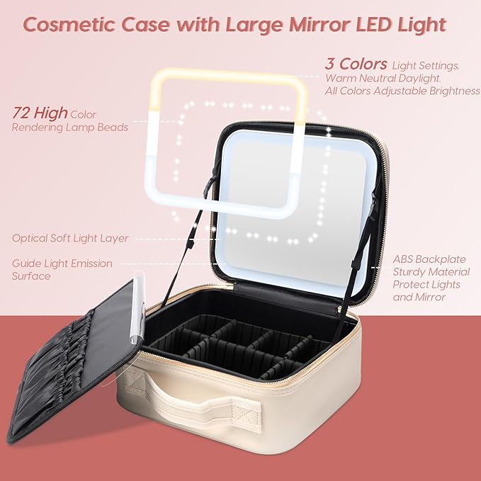 Gdsshuhung Makeup Bag with Mirror | Partitionable Professional Makeup Organizer | Large Travel Makeup Bag for Women | Cosmetic Case for Daily & On-the-Go Use (Ivory)
