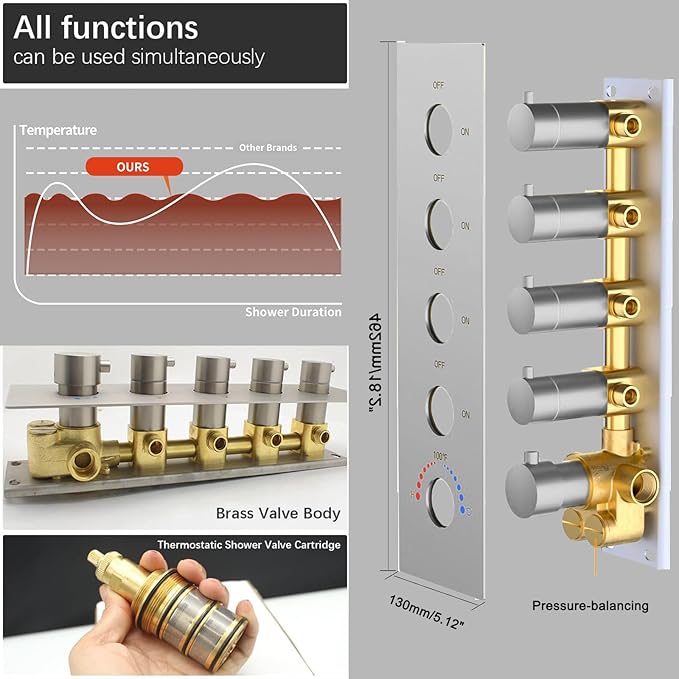 KATAIS Shower System with 12X35 inch Overshower and Dual Side ShowerHead(8 inch), 4 PCS Body Jet and HandHeld Spray, Dual Thermostatic Valve Kit Can Achieve 8 Shower Functions, Brushed Nickel
