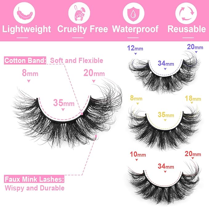 Mink Lashes Fluffy Faux Mink Eyelashes Wispy 20mm Long D-Curl Lashes Russian Cat Eye Strip Lashes Extensions Eyelashes Pack 20 Pairs