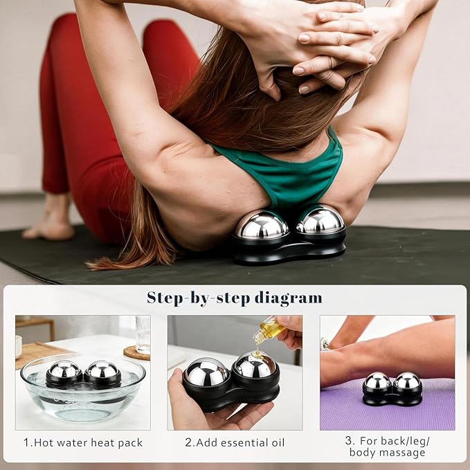 ideayard Stainless Steel Massage Roller Double Ball - Ice Therapy Muscle Pain Relief, Sore Muscles, and Tension Relief Cold & Hot Therapy Back, Shoulder, Leg, Calf Muscle Fascia Release Tool