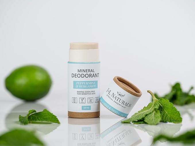 J&L Naturals Mineral Deodorant | Baking Soda-Free, 100% Natural, Sustainable | Sensitive Deodorant For Women & Men | Aluminum Free, Vegan, Cruelty-Free (Peppermint & Bergamot, 3 Oz (Pack of 1))