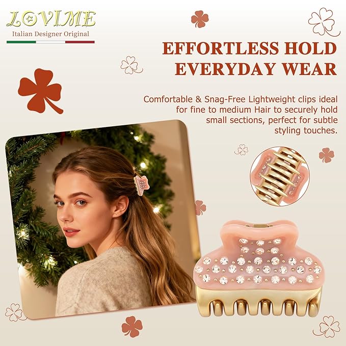 18K Gold Plated Small Claw Clips - 1.7 Inch Cute Rhinestone Hair Clips for Women Girls Thick Thin Hair, Premium French Hair Accessories for Half-Up, Birthday Valentine's Gift for Her, Pink