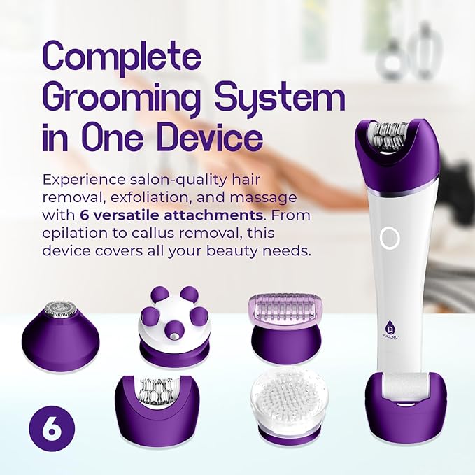 Pursonic 6-in-1 Smooth Glide Epilator for Women, Wet & Dry Electric Hair Removal Device with LED Light, Callus Remover, Exfoliating Brush, Shaver Head, Massage Attachment, Rechargeable Battery