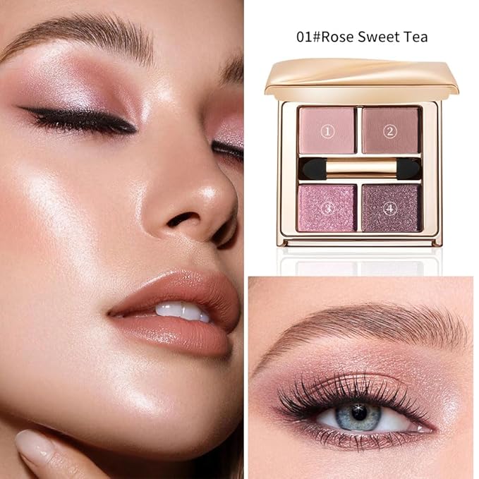 Cool Pink Mauve Eyeshadow Palette, 4 Matte & Glitter Shades for Icy Rose Glow and Romantic Soft Glam Looks — Enhances Brown, Hazel & Green Eyes, Long-Lasting High Pigment Blendable Eye Makeup 1