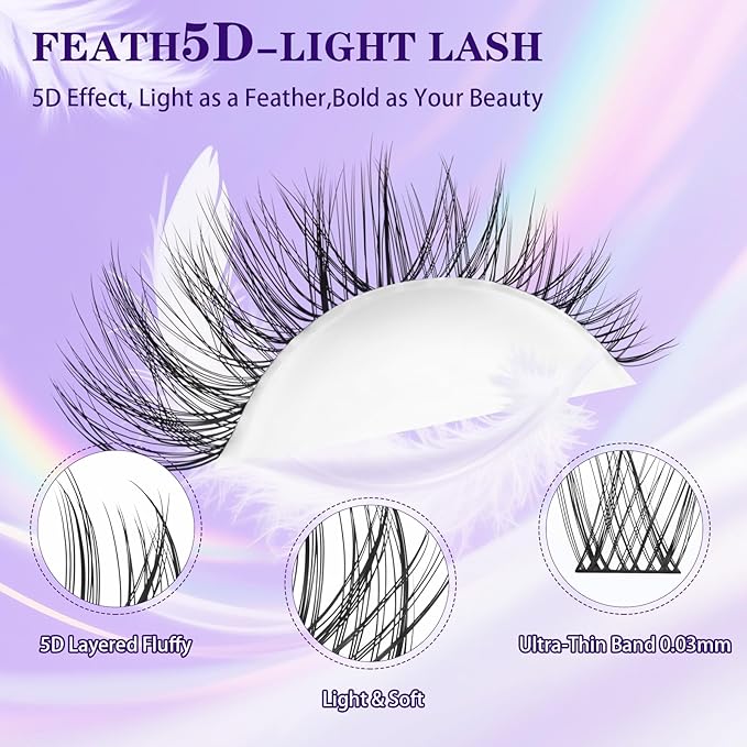 B&Q Lash Clusters Fluffy Wispy Voluminous - 144 PCS Feath5D 09 Layered Individual Cluster Lashes, Feathered Lightweight Eyelash Extensions in 8-18mm, Waterproof False Lashes