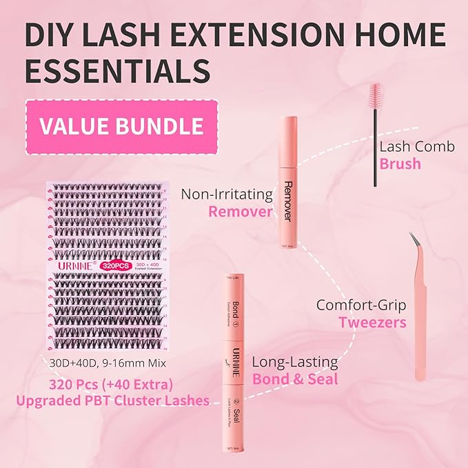 DIY Lash Extension Kit, 9-16mm Mix 30D 40D Eyelash Extensions Kit, 320pcs Individual Eyelash Clusters, Lash Clusters Kit with Bond and Seal, Remover, Tweezers