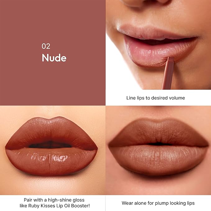 Ruby Kisses Plumping Effect Lip Liner, Semi Matte, Smudge Proof, High Pigment, Medium to Full Coverage Makeup, Precise Tip, Bold Color Lip Plumper