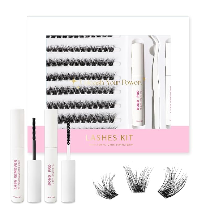 Lash Extension Kit DIY Lash Clusters 10-16mm 96pcs Individual Lashes Clusters Soft Thin Band Natural Volume Eyelash Extension with Lash Bond and Remover, Lash Tweezers for Self Use 41#