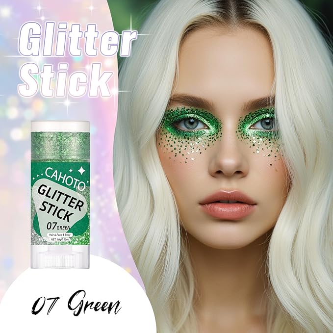 Green Face Body & Hair Glitter Stick for St. Patrick's Day, Shimmer Stick Gel for Women, Sparkling Holographic Chunky Sequins for Christmas Rave Festival Carnival Halloween Concert, 0.56oz