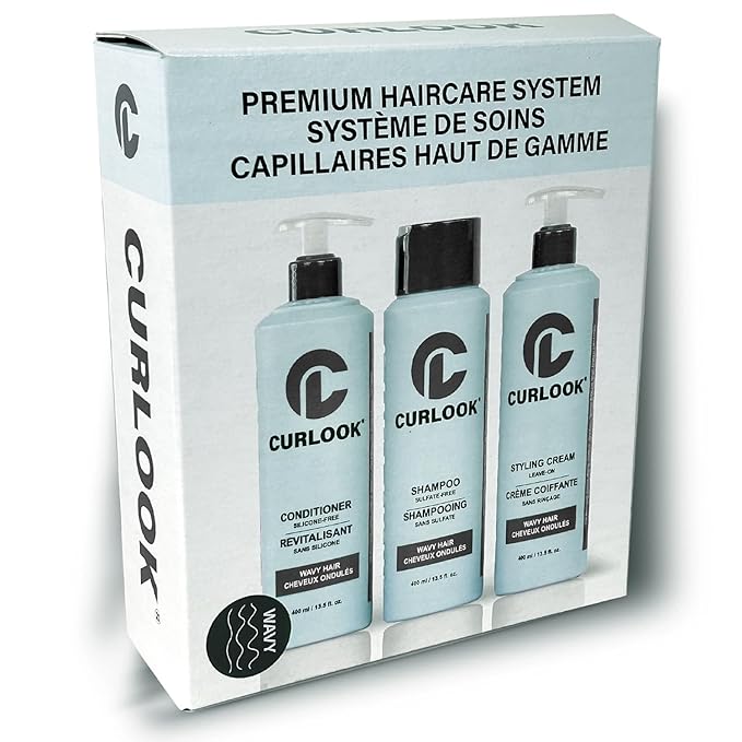 CURLOOK Wavy Hair Bundle | Shampoo, Conditioner & Leave-In Styling Cream Set | Sulfate-Free, Silicone-Free | Pack of 3-400ml (13.5 oz) Each Bottle | Made in Canada