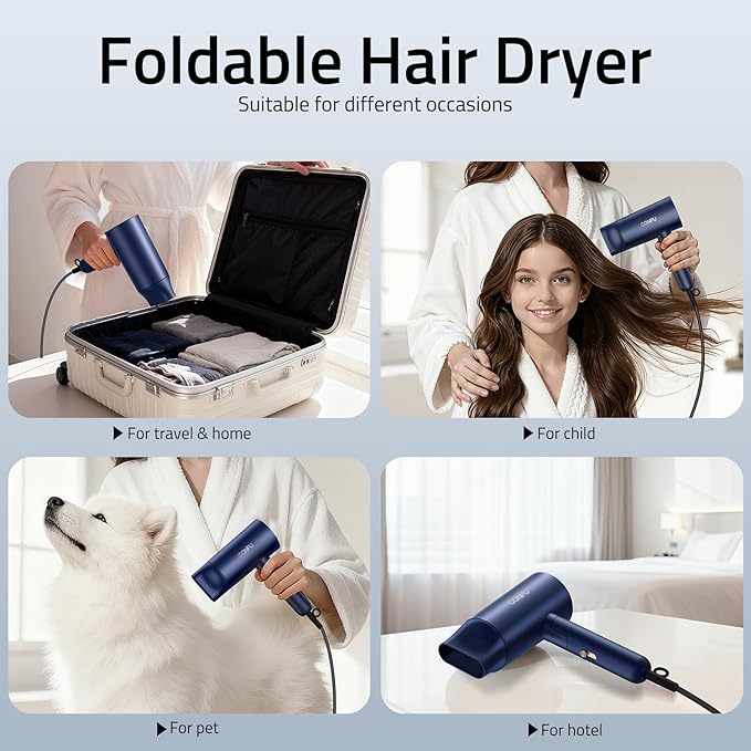 CONFU Diffuser Hair Dryer for Curly Hair,1500W Fast Drying Blow Dryer with Diffuser for Women,Compact & Portable Negative Ion Hairdryer,Mini and Foldable Blowdryer Design for Travel(Blue)