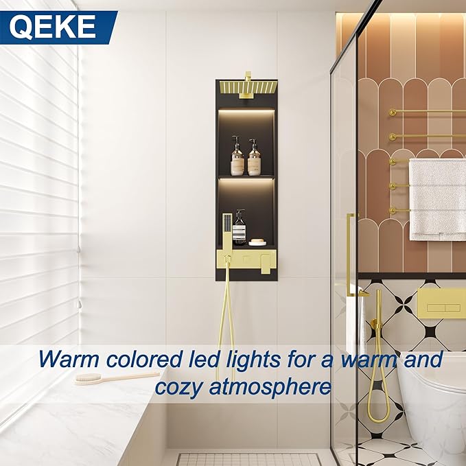 Qeke Integrated Shower Niche with Shower Head and Hand Shower, Stainless Steel Shower Tower System with Led Lights, 2-Tiers No Tile Needed Shower Niche for Bathroom in Gunmetal Black (Black Shower)