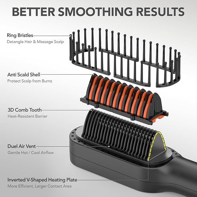 Hair Straightener Brush, HC13 Straightening Brush for Women with Hot Cool Air Blow, Fast Heat Dual Voltage Hair Straightener Brush Comb for Travel, Black