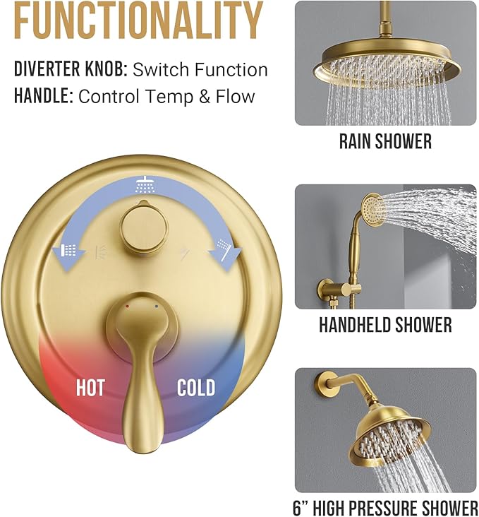 DASAN Antique Dual Shower Head Faucet Set, Brushed Gold Dual Rain Shower Head System Complete Double Head Shower Fixture Combo, 9'' & 6'' Dual Rainfall Overhead Shower with Handheld, Valve & Trim