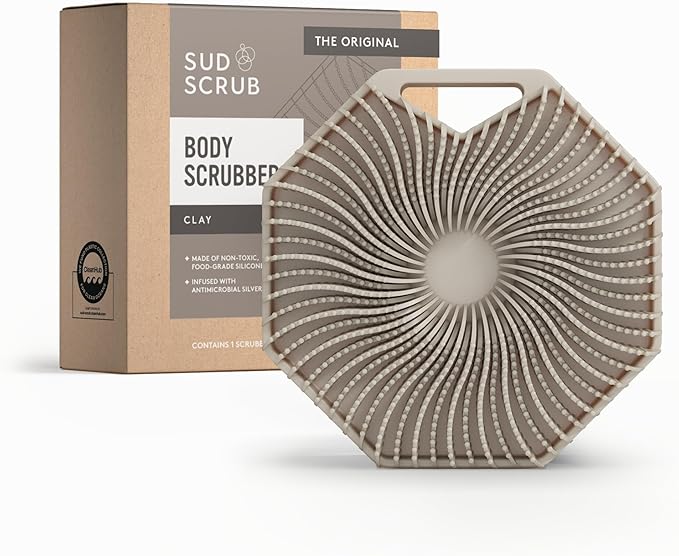 Sud Scrub® Antimicrobial Silicone Body Scrubber, Exfoliating Body Scrubber for Sensitive Skin, Eco Friendly Shower Scrubber for Body, Silicone Body Brush for Showering, Clay