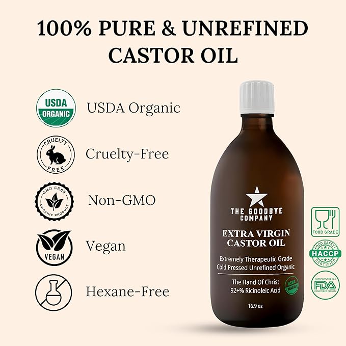 Premium USDA Organic Cold-Pressed Food Grade Castor Oil - 16.9 oz Glass Bottle, Hexane-Free, Small Batch, Extra Virgin, Ethically Sourced for Hair Growth, Skin Care, Lashes, Brows & Digestion