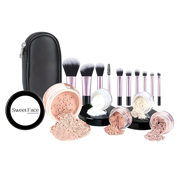 16pc Beginner Mineral Makeup STARTER KIT with 10 BRUSHES (5gm)Sample Size Foundation, Primer, Blush, Bronzer, Setting Powder for Learning, Occasional Use & First Time Users, Travel Size Kit(Light Tan)
