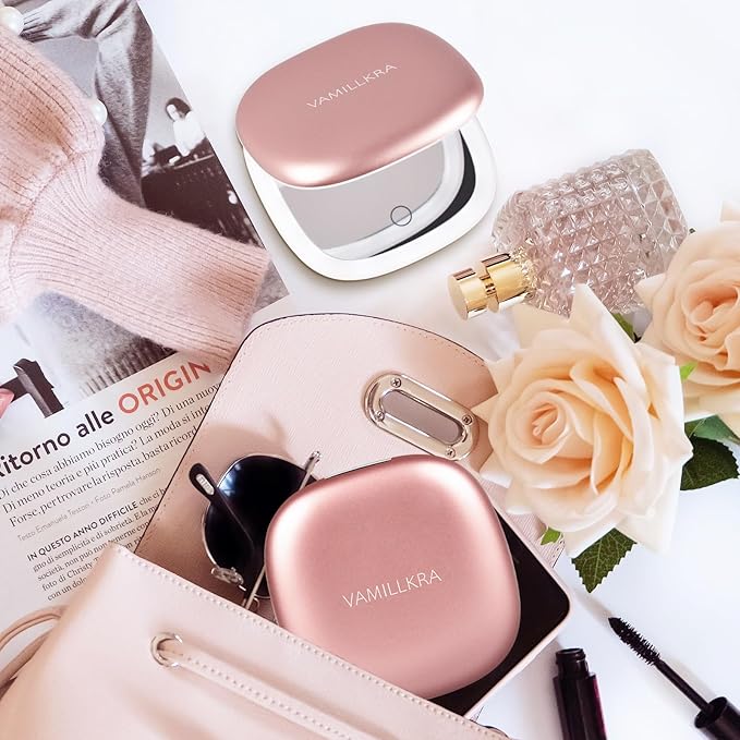 Travel Mirror with Light, 1X/7X Magnifying Mirror, 4 Inch LED Lighted Rechargeable Compact Makeup Mirror, 3 Colors Dimmable Light Up Portable Pocket Mirror for Handbag (Rose Gold 7X)