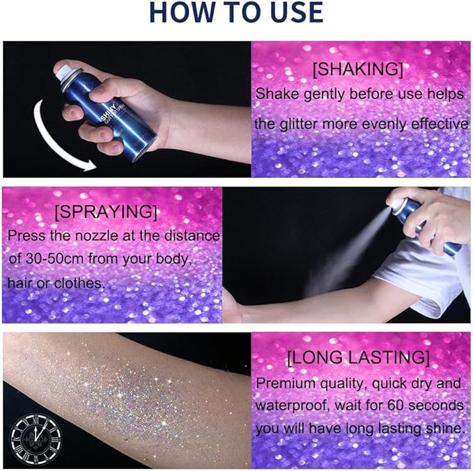 Body Glitter Spray for Hair, Clothes, Fabric, Long Lasting Body Shimmer Spray, Shiny Sparkle Highlighter Mist for Rave, Music Festival, Stage & Concert, Prom Party Makeup