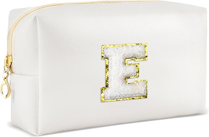 URSKYTOUS Gifts for Girls Initial Makeup Bag Personalized Cosmetic Bag with Zipper Cute Travel Toiletry Bags Waterproof PU Preppy Makeup Pouch Birthday Gift for Teen Girls Women(White E)