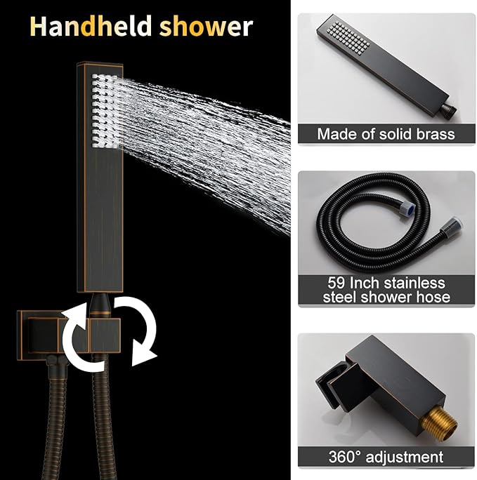 AYIVG Oil Rubbed Bronze Thermostatic Rainfall Shower System 12 Inch And 8 Inch Dual Square Shower Head System Ceiling Mount Temperature Display Shower Faucet Set With Handled Spray