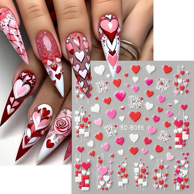 3 Sheets Heart Nail Stickers Red Pink Heart Nail Decals 3D Self Adhesive Valentine Heart Love Nail Art Sticker Holiday DIY Manicure Decoration Supplies Accessories for Women