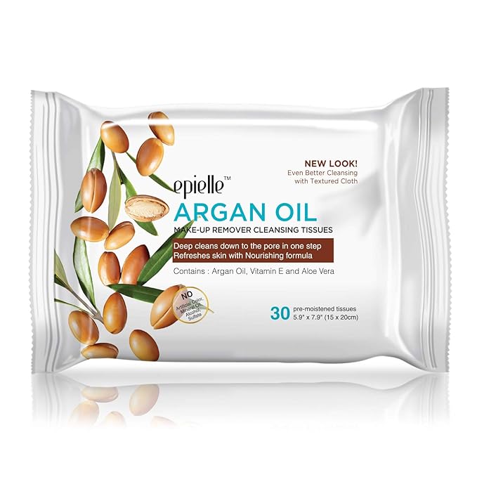 Epielle Argan Oil Makeup Remover Wipes, Gentle Daily Facial Cleanser Towelettes, Remove Dirt, Oil & Waterproof Mascara, Hypoallergenic & Alcohol-Free, 30 Count (Pack of 6)