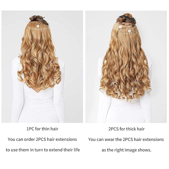 REECHO 20" 1-Pack 3/4 Full Head Curly Wave Clips in on Synthetic Hair Extensions HE008 Hairpieces for Women 5 Clips per Piece-Dark Brown with Copper Highlights