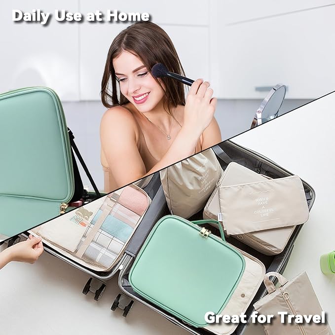 SLUMAZI Travel Makeup Bag with LED Mirror and 10x magnifying glass with 3 Lighted Settings, Adjustable Dividers and Makeup Brush Storage Bag Light Green