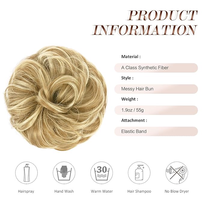 FESHFEN Large Messy Bun Hair Piece - Wavy Synthetic Chignon Scrunchies Elastic Ponytail Hair Extensions Thick Hairpieces for Women, Sunny Blonde 1.94oz