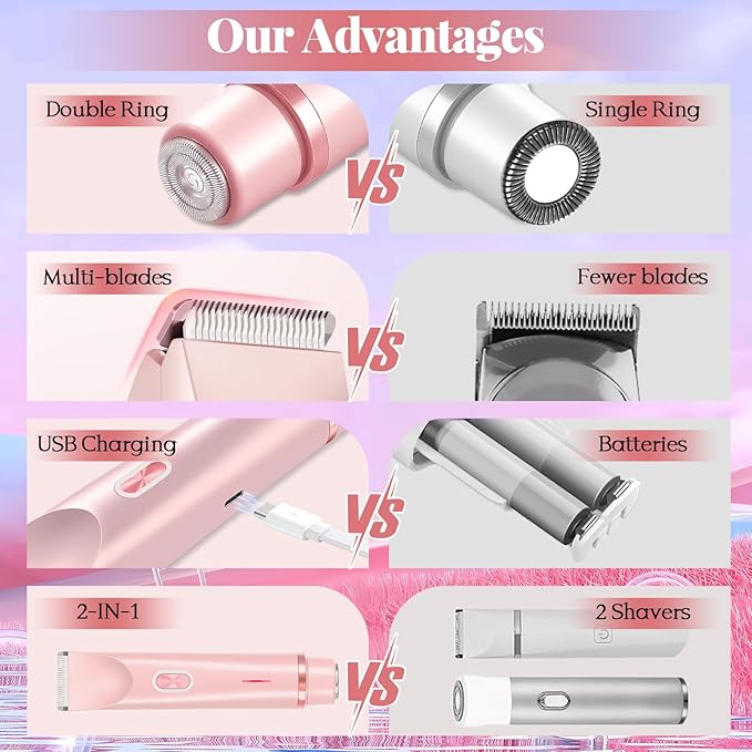 Bikini Trimmer for Women, 2-in-1 Painless Electric Razor with Ceramic Blade, Cordless for Sensitive Skin, Waterproof Dual Head Shaver Women for Facial and Body (Pink)